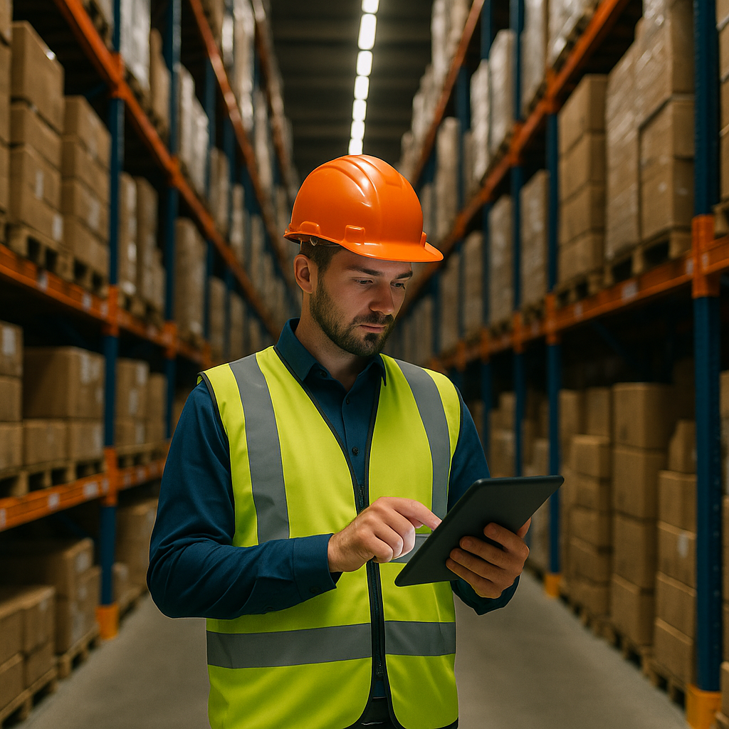 صورة توضيحية لمستودع وعامل سلامة يستخدم جهازًا لوحيًا تمثّل خدمات شركة الثلاثية المتخصصة